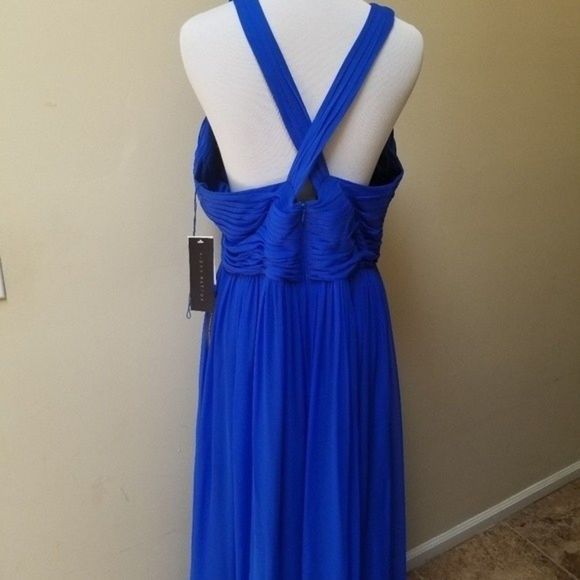 Aidan Mattox Deep Sky Blue Pleated Silk Chiffon Halter-Neck Gown Colbalt - Picture 9 of 15